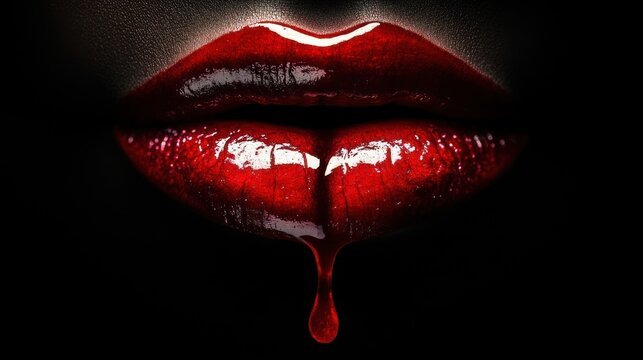 Close-up of glossy red lips with a single drop dripping from the bottom lip.