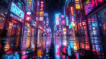 Neon-Lit City Street Under Rain with Reflections