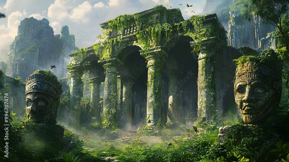 Poster captivating ruins of a lost civilization with towering stone columns and archways draped in ivy and 