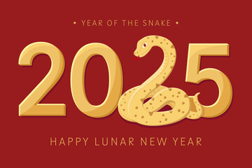 Chinese New Year 2025. Festive cute vector illustration. Gold snake on red background. Lunar new year of the snake, symbol of the year. Design of background, card, calendar