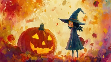 Enchanting Autumn Magic - Adorable Witch with Jack-o'-lantern in Colorful Watercolor Fantasy, Surrounded by Falling Leaves