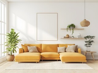 Bright and welcoming modern living room centered around a plush sectional minimalist decor elements and abundant natural illumination showcasing a tranquil Scandinavian interior design style