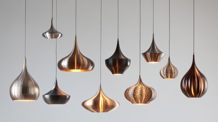 Various modern hanging lamps in unique designs and finishes create an artistic display, adding style and character to the softly colored interior space