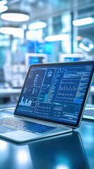 Digital tablet displaying an electronic health record (EHR) system with various data visualizations and graphs. modern workspace is designed for healthcare professionals, showcasing advanced technolog