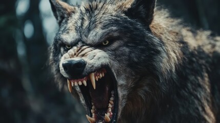 A close-up of a wolf's face, showing its sharp teeth and menacing glare. The animal is snarling with its mouth open and its eyes glowing with an eerie yellow light.