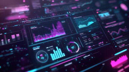 Obraz premium A futuristic data dashboard displaying graphs and analytics in vibrant colors.