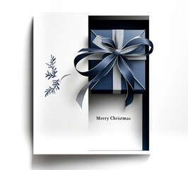 Blue and white christmas gift box winter composition. Christmas greeting card design in paper cut style for holiday or birthday