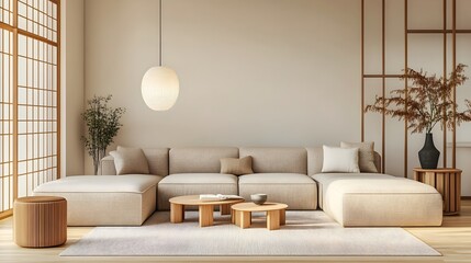Fototapeta premium Bright and welcoming modern living space featuring a plush sectional sofa in a muted tone minimalist furniture arrangement natural wood accents and ambient lighting