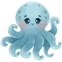 Cute Octopus Cartoon Sea Animals Watercolor Illustration