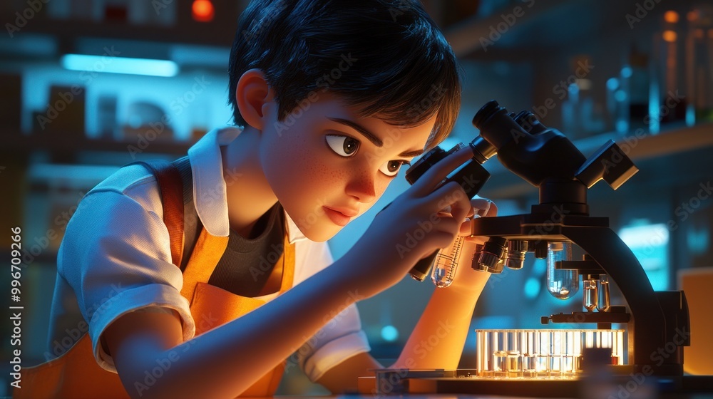 Poster a young scientist examines samples under a microscope in a laboratory setting.