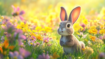 Fototapeta premium A cute rabbit amidst colorful flowers in a vibrant meadow.