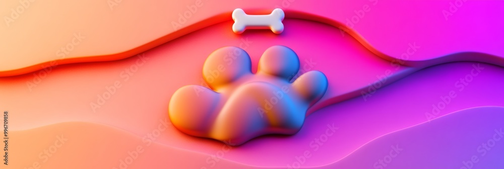 Poster a vibrant and playful 3d rendering of a dog paw print with a bone icon above it, symbolizing pet car