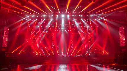 concert stage illuminated with bright red lights and beams. multiple light sources creating a dynamic atmosphere, with a reflective floor enhancing the visual impact. 