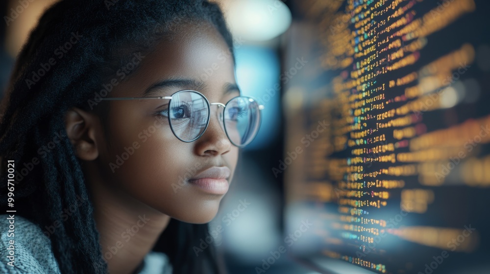 Poster a young black student is intently focused on coding at a computer, analyzing lines of digital code w