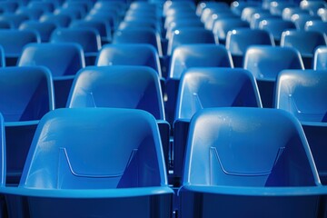 Fototapeta premium A row of blue chairs are empty