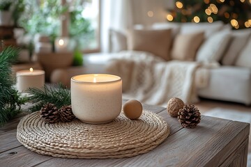 A cozy living room decorated for Christmas with a burning candle in the foreground