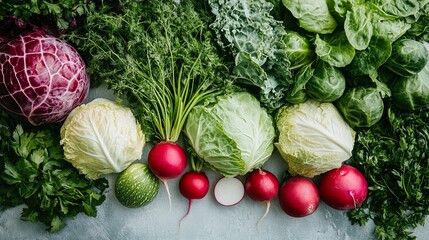 Fresh Vegetables, Including Cabbage, Radishes, and Greens