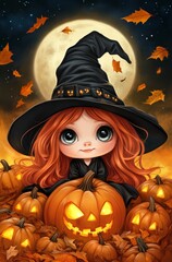  A small girl, dressed as a witch, sits atop a mound of pumpkins Behind her, the full moon rises in the night sky