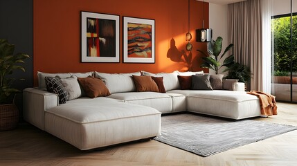 Fototapeta premium Captivating Contemporary Living Room with Inviting Sectional Sofa and Harmonious Blend of Modern and Eclectic Decor Elements Creating a Warm and Welcoming Atmosphere