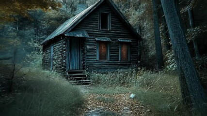 A small wooden cabin sits nestled in a dense forest, the light from its windows glowing softly in the twilight - Powered by Adobe