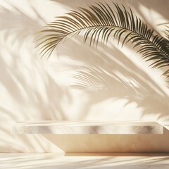 Abstract background with beige podium and palm leaves. 3d render