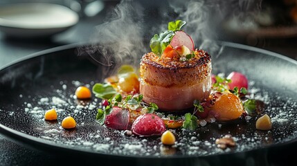 Steaming Gourmet Scallop Dish with Bacon and Garnish