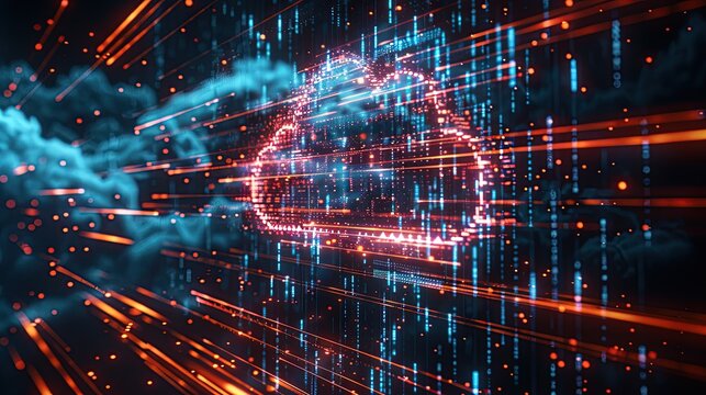 A digital cloud icon with binary code streaming around it
