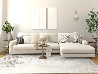 Charming and stylish contemporary living room featuring a plush L shaped sectional sofa neutral color palette and eclectic mix of modern and vintage decor elements
