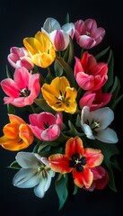 Fototapeta premium A close-up view of vibrant tulips in a bouquet against a black background