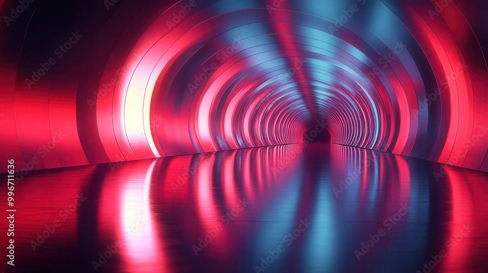 Poster vibrant tunnel illuminated with red and blue lights, creating a futuristic atmosphere and reflective