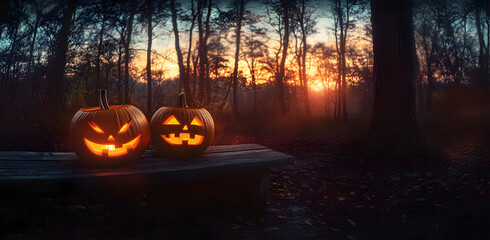 A spooky forest sunset with a haunted evil glowing eyes of Jack O' Lanterns on the left of a wooden bench on a scary halloween night.