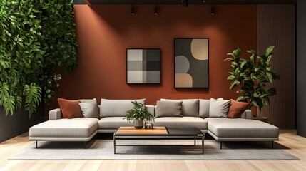 Chic and Inviting Contemporary Living Room with Sleek Modernist Decor and Warm Ambiance  Cozy sectional sofa minimalist stylish furnishings lush indoor greenery
