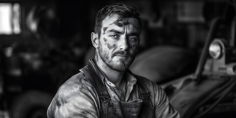 Vintage Car Mechanic in Garage