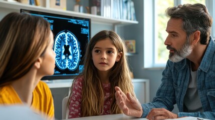 Doctor showing a brain scan to concerned parents, explaining a childâ€™s brain tumor diagnosis.