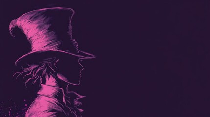 Mad Hatter Silhouette with Crazy Hat: A shadowy banner background of Mad Hatter Day  with the silhouette of the Mad Hatter and his oversized, quirky top hat in profile, 