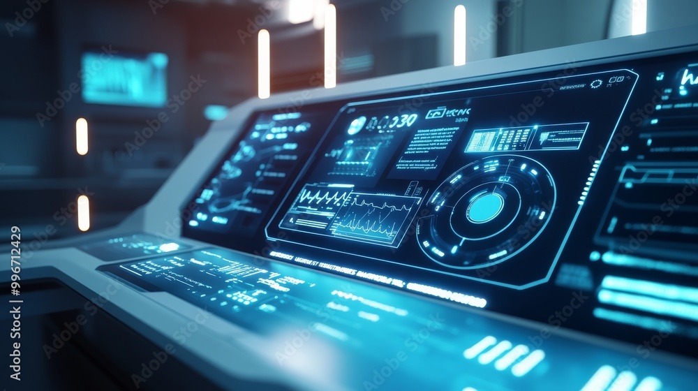 Poster a sleek control panel shows virtual buttons and real-time healthcare analytics with patient data in 