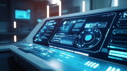 A sleek control panel shows virtual buttons and real-time healthcare analytics with patient data in a cutting-edge medical facility. Advanced technology enhances healthcare management
