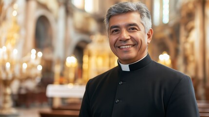 Hispanic Catholic Priest in Traditional Clerical Attire Smiling Warmly in Historic Church Setting