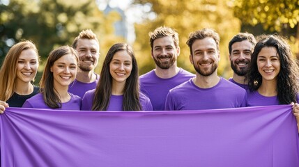 Group of people wearing purple shirts and ribbons, holding a banner to raise awareness for World Brain Tumor Day.