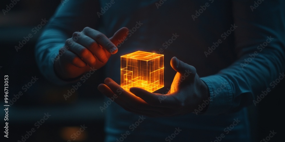 Wall mural a person holds a glowing 3d cube in their hands. the cube represents technology and innovation. this