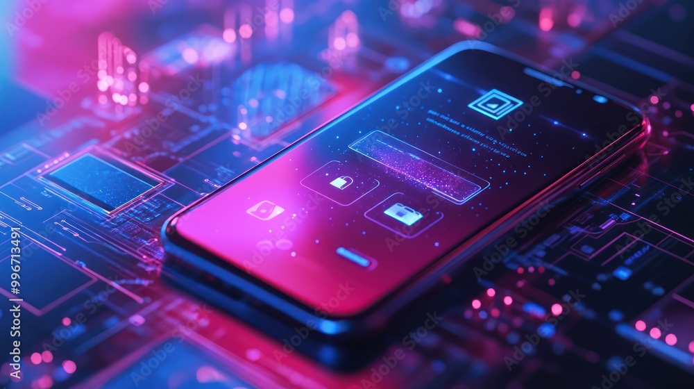 Poster a smartphone displaying a digital interface on a circuit board background.