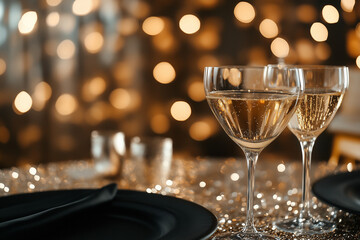 A glamorous 1920s Gatsby-themed party background with sparkling gold and black decor, capturing the essence of a luxurious, vintage celebration