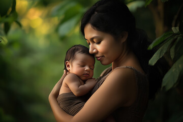 Fototapeta premium A tender moment as a mother holds her newborn baby in a serene village, surrounded by nature and tranquility