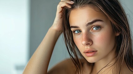 Fototapeta premium Close-up Portrait of a Young Woman with Freckles and Blue Eyes