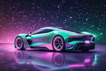 Naklejka premium Luxury sports car in neon mint green and blush lights, powerful acceleration of a supercar.