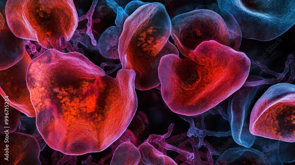 Poster microscopic view of cells showcasing intricate structures and vibrant colors.