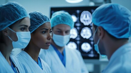 Medical team discussing treatment options for a brain tumor patient in a hospital conference room.