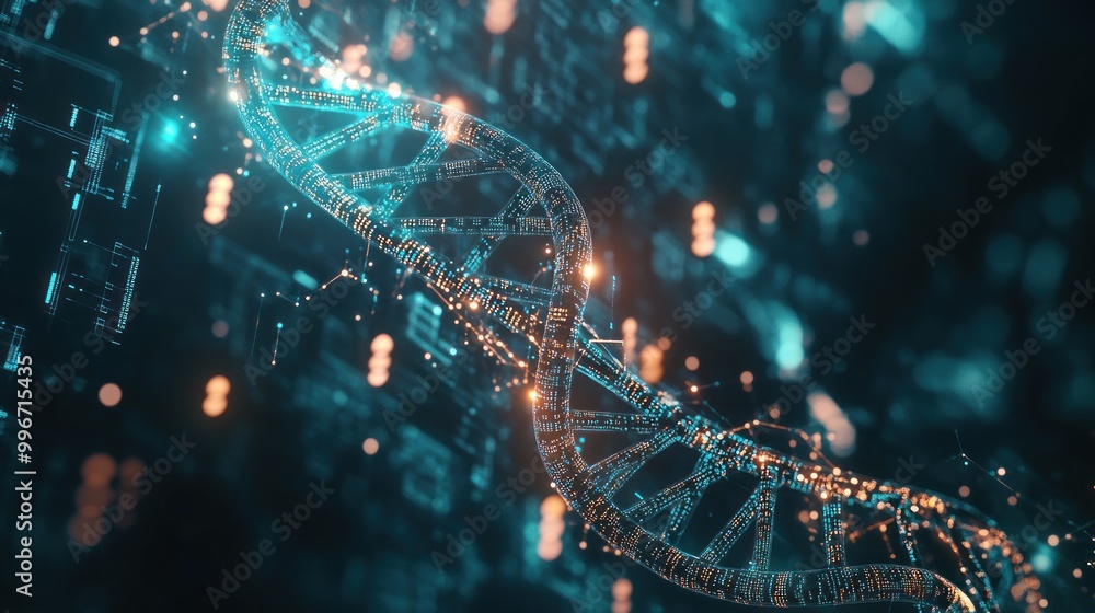 Poster a digital representation of a dna strand intertwined with data elements.