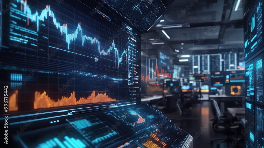 Poster a modern trading room with digital screens displaying market data and analytics.