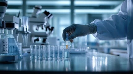 Fototapeta premium A lab technician adds a sample to test tubes in a scientific research environment.